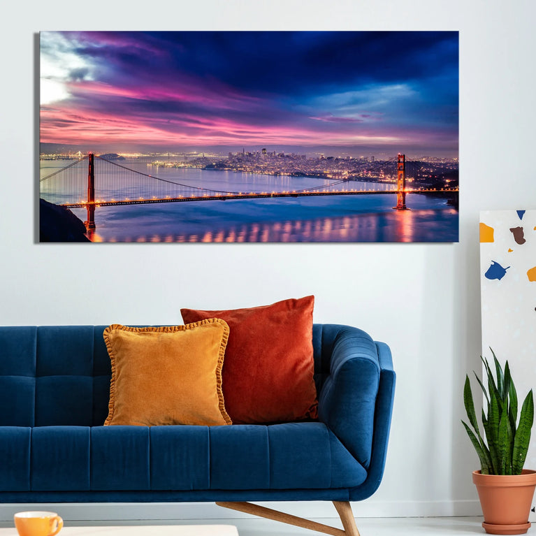 Golden Gate Bridge In The Night Lights Canvas Art Print, Cityscape Canvas Wall Art Poster Sticker