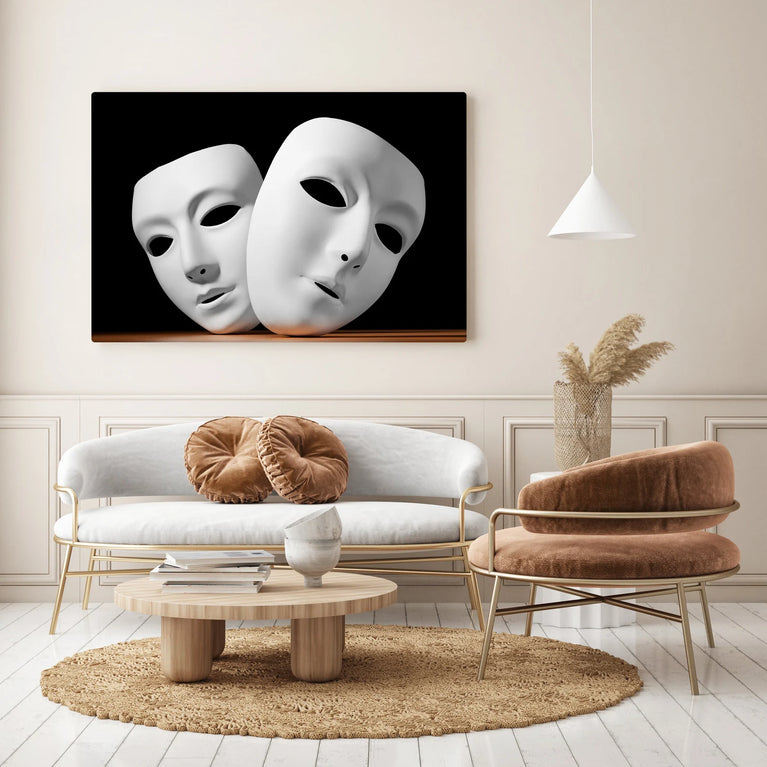 Masks With Theatre Concept Canvas Wall Art, Two Mask, Theater, Portrait, Canvas Print Poster Sticker