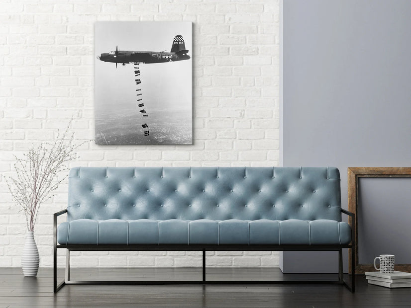 American World War II Planes Dropping Bombs Canvas Print, Western Europe. U.S. Marauders, B-26 Medium Bombers Canvas Wall Art Poster Sticker