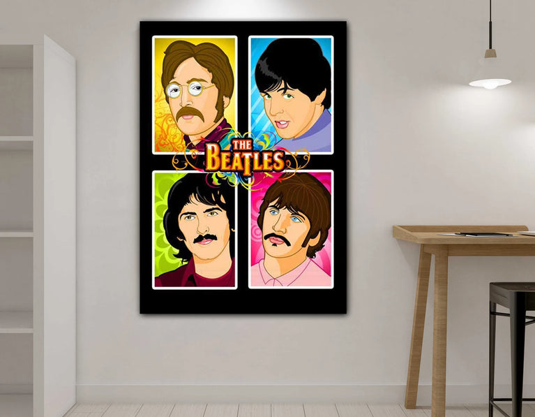 The Beatles & Four Color Cartoon Pictures Of The Beatles Canvas Print Wall Art Poster Sticker