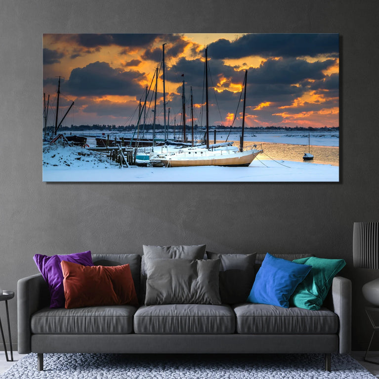 Snowing On The Dock Canvas Wall Decor, Landscape Canvas Print Wall Art Poster Sticker