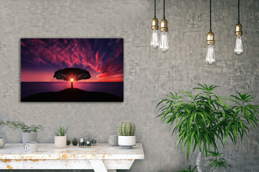 Silhouette of Tree Near Body of Water during Golden Hour Canvas Print, Landscape Canvas Wall Art Poster Sticker