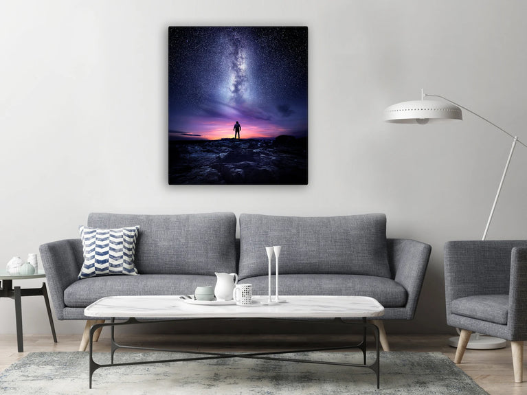 A man standing in a high place looking up in wonder to the Milky Way galaxy Canvas Wall Art Home Decor Poster Sticker