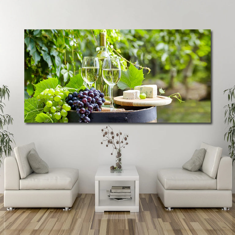 White Wine On The Table In Vineyard Scape Canvas Decor, Landscape Canvas Wall Art Poster Sticker