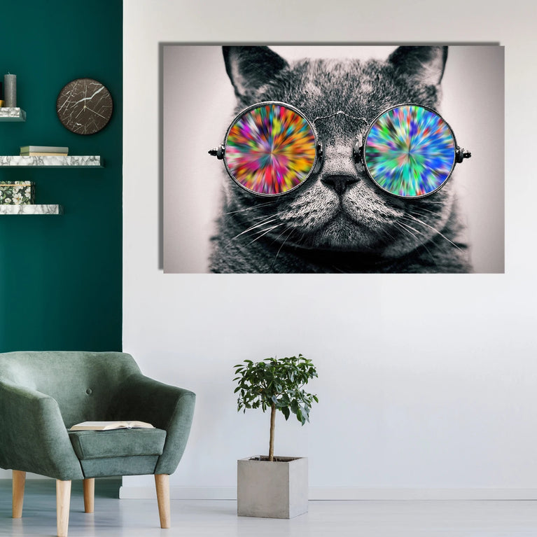 Scottish Fold Cat With Colorful Glasses Canvas Wall Art, Handsome Cat Canvas Wall Art Poster Sticker