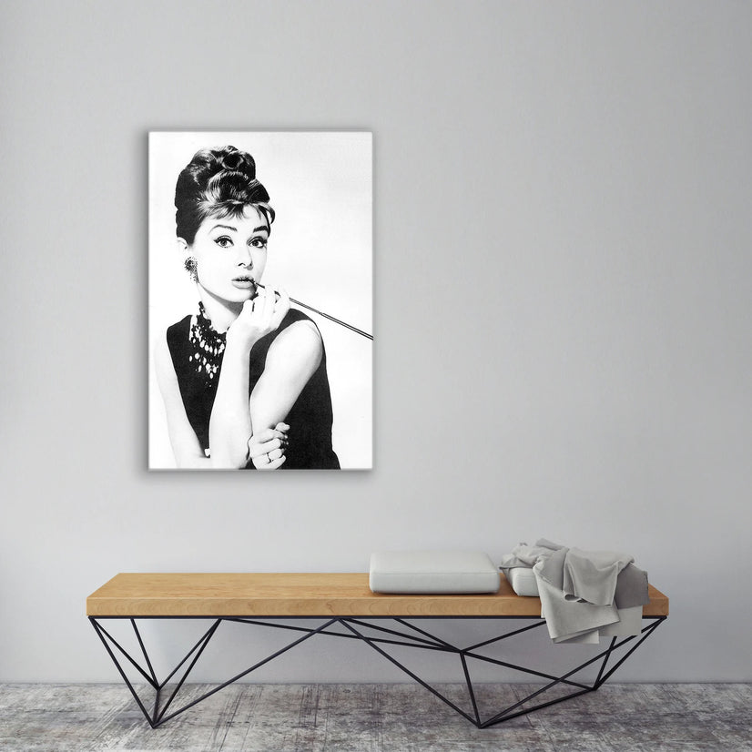 Audrey Hepburn moon river breakfast at tiffany's, Black & White Art Canvas Print, Canvas Print Wall Art Poster Sticker