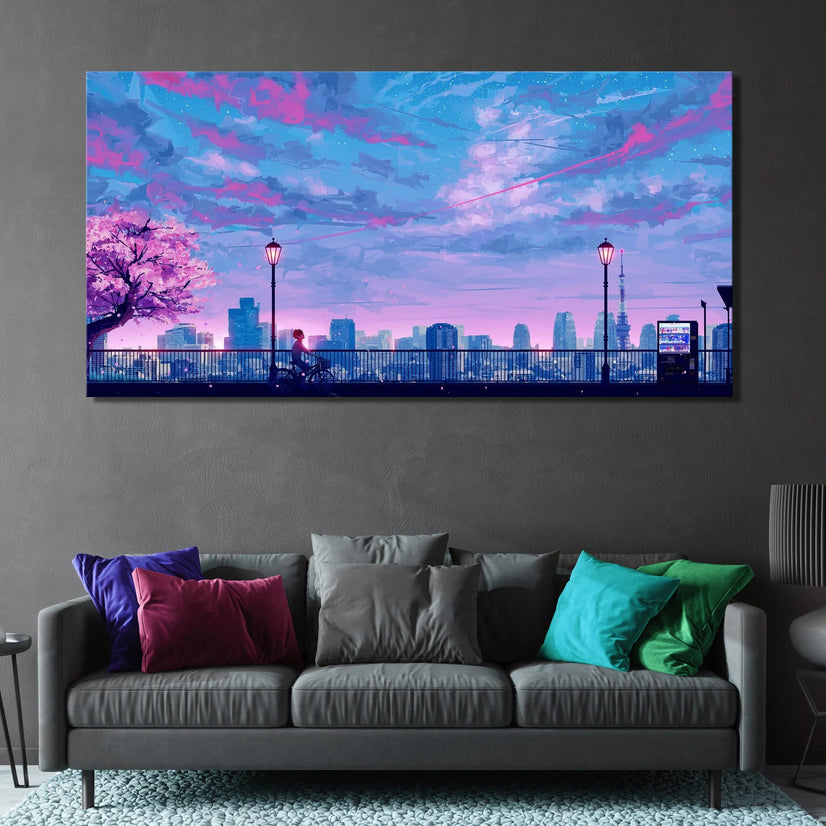 Beautiful Day to Bike Canvas Print, Anime City Concept Art Canvas Wall Art Poster Sticker