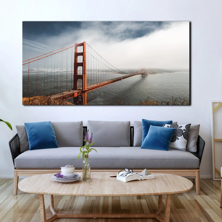 Morning Golden Gate Bridge Canvas Decor, Landscape Canvas Wall Art Poster Sticker