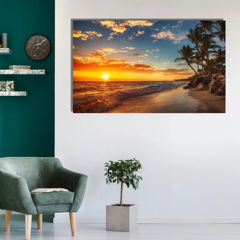 Sunset In The Sea Beach Landscape Art Watercolor Art Canvas Print Wall Art Poster Sticker