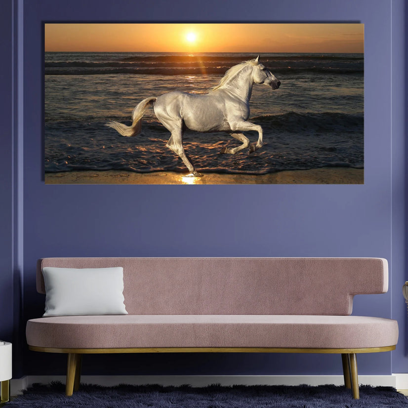 A Arabian Horse Running On The Beach At Sunset Print, Beautiful Arabian Horse Animal Canvas Wall Art Poster Sticker