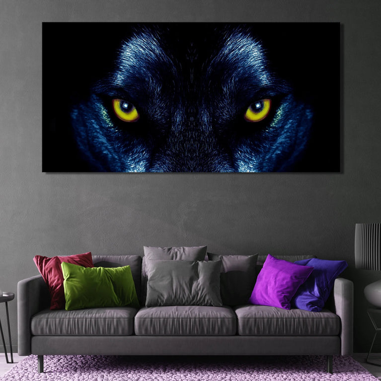 The Yellow Eyed Wolf Portrait Print, Alpha Wolf's Eyes Animal Stare Canvas Wall Art Poster Sticker