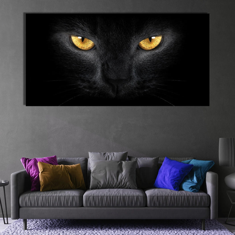 Black Cat With Eyes Portrait Print, Cat's Yellow Eyes Animal Stare Canvas Wall Art Poster Sticker