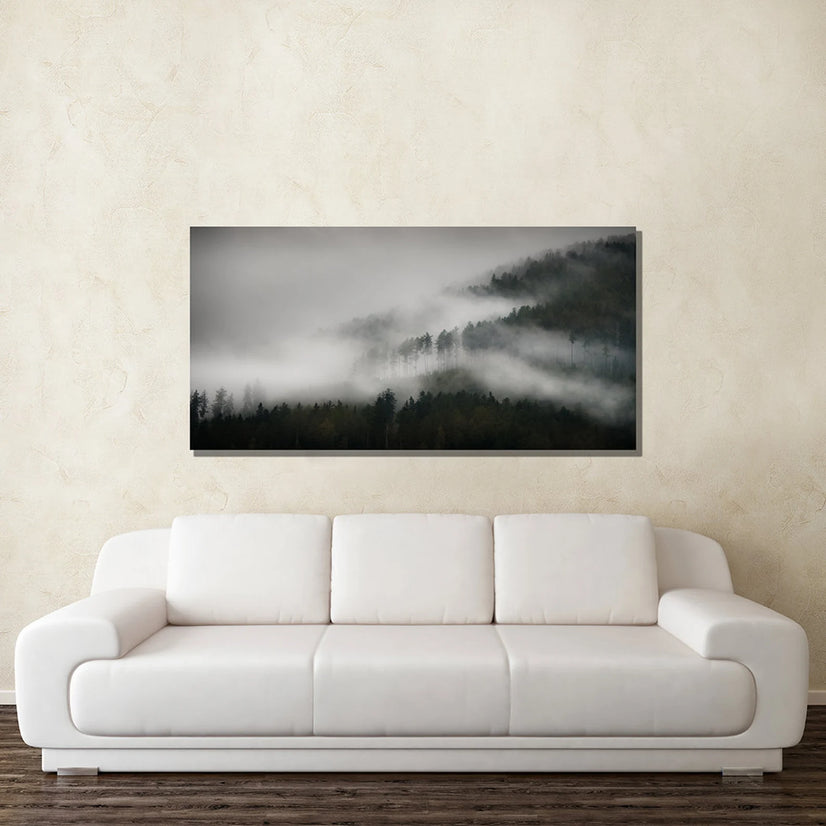 Fog Forest Landscapes Canvas, Scenic Canvas Wall Arts, Forest Canvas, Mountain Photos Poster Sticker