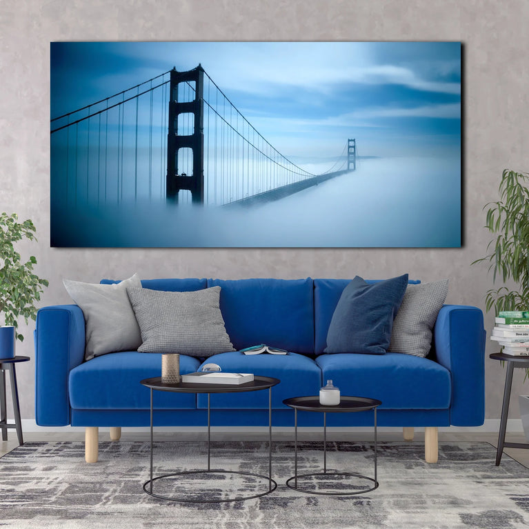 Winter Fog Golden Gate Bridge Canvas Decor, Landscape Canvas Wall Art Poster Sticker