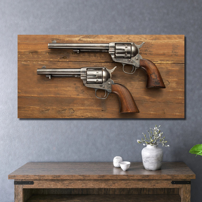 Two Revolver On The Table Canvas Decor, Gunsmith Canvas Wall Art Poster Sticker