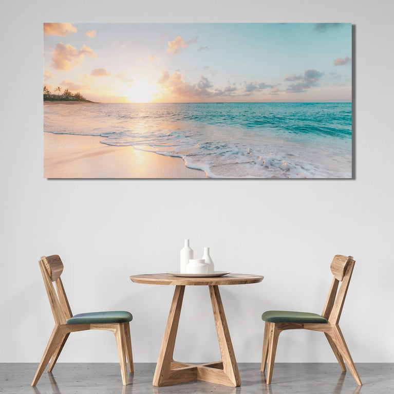 Turquoise Sea At Sunset Landscape Canvas Wall Art, Beach Landscape Canvas Wall Art Poster Sticker