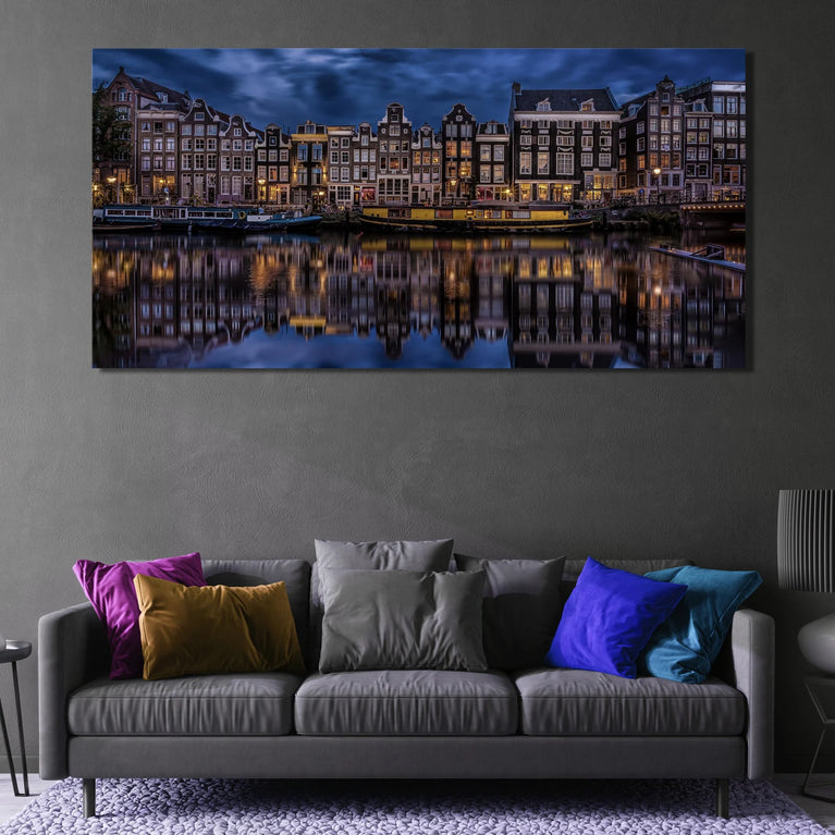 Night In Amsterdam Cityscape Canvas Art Print, City Landscape Canvas Wall Art Poster Sticker