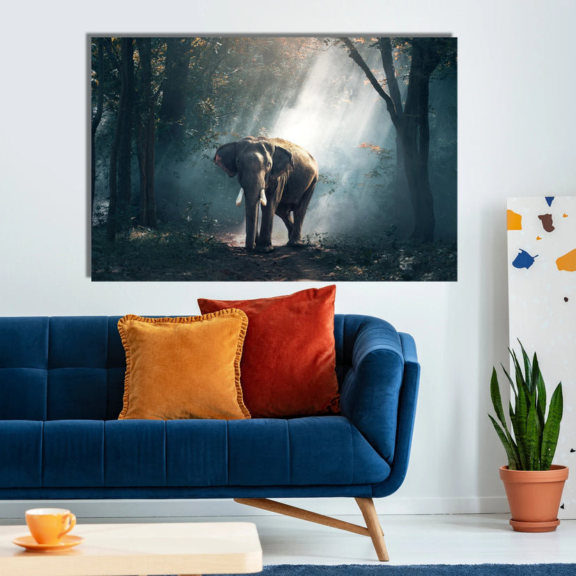 Elephant In Forest With Light Beam Canvas Wall Art, African Elephant Poster Art Poster Sticker