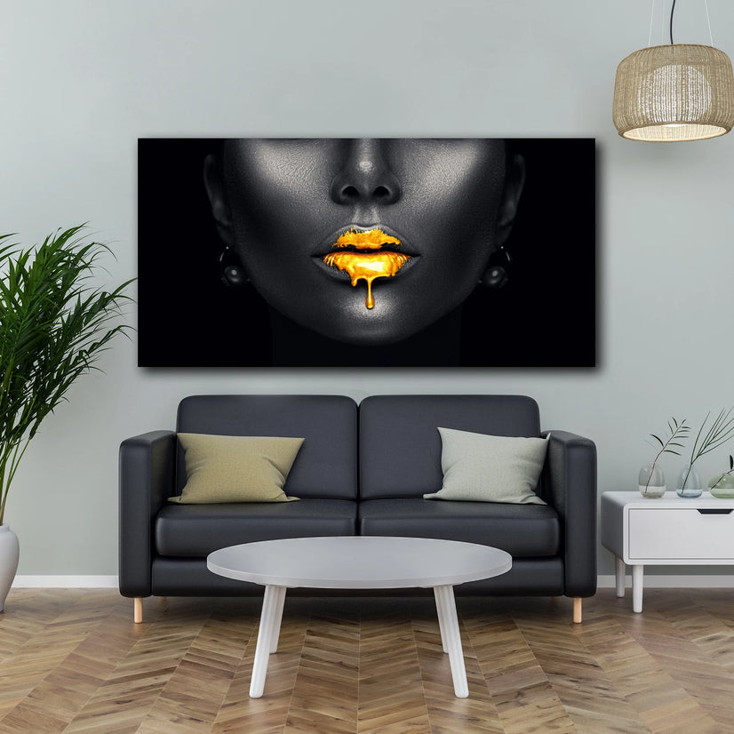 Golden Lips Canvas Printing Wall Art, Woman Lips Poster Canvas Wall Art Poster Sticker