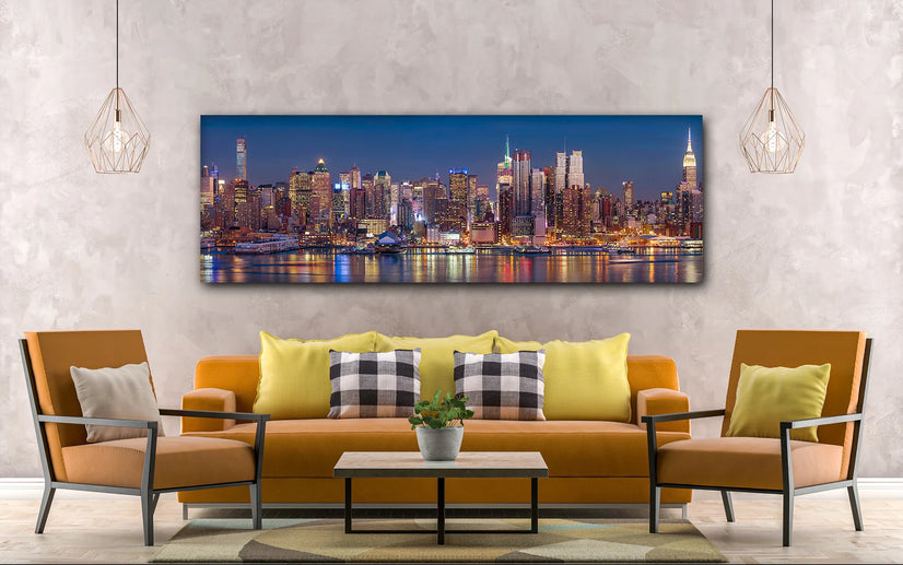 USA Rivers Houses Skyscrapers New York City Night Canvas, Canvas Print Wall Art Poster Sticker