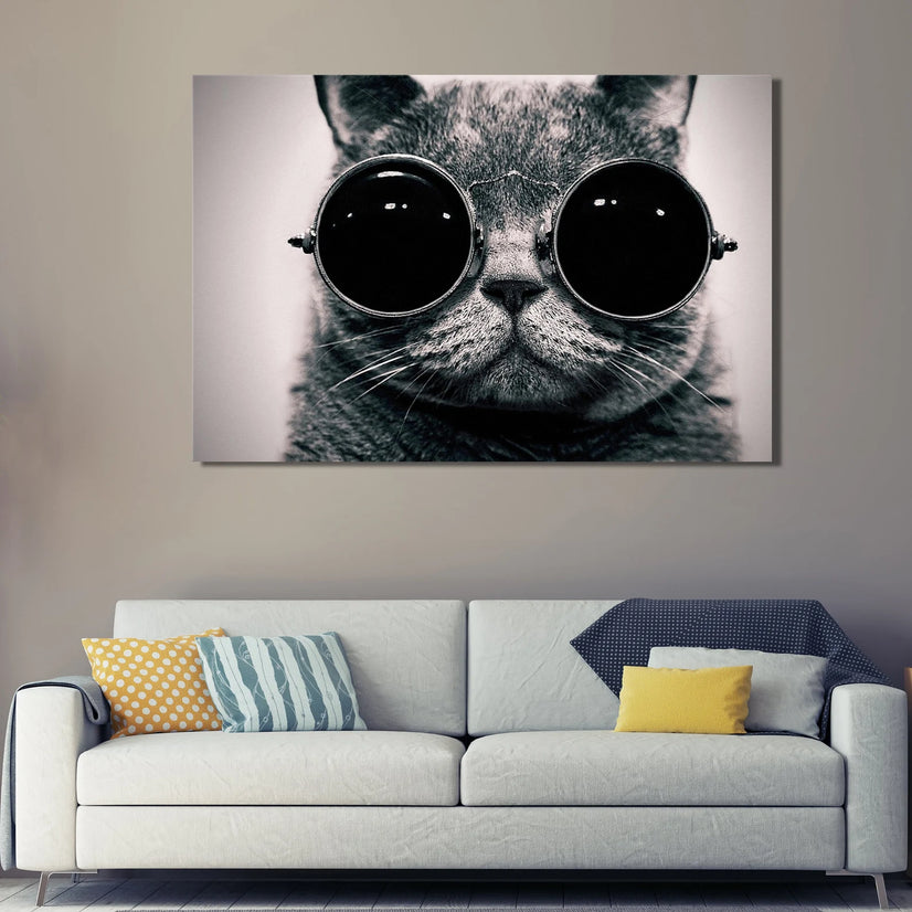 Scottish Fold Cat With Glasses Canvas Wall Art, Handsome Cat Canvas Wall Art Poster Sticker