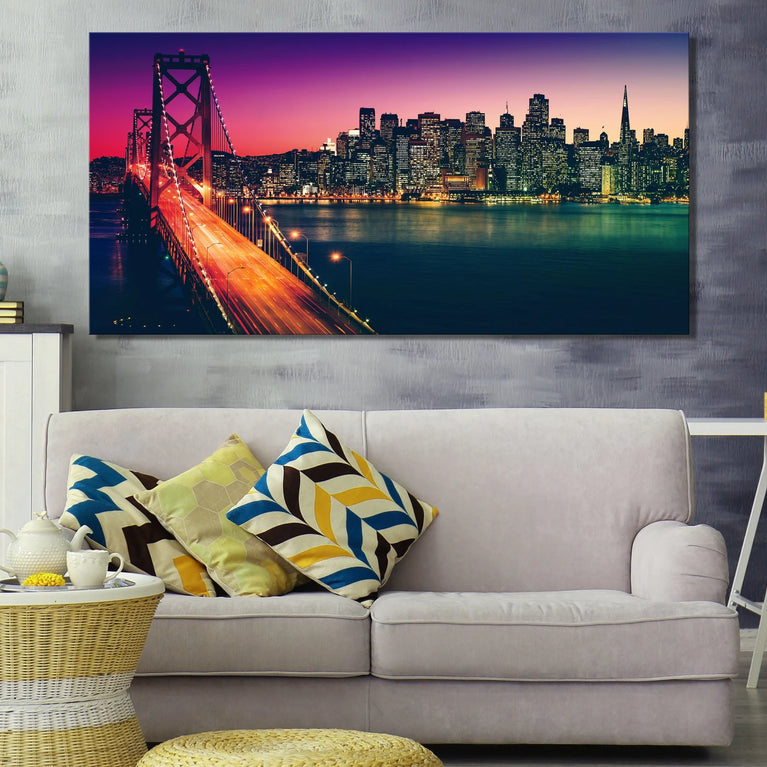 Golden Gate Bridge In The Night Lights Canvas Art Print, Cityscape Canvas Wall Art Poster Sticker