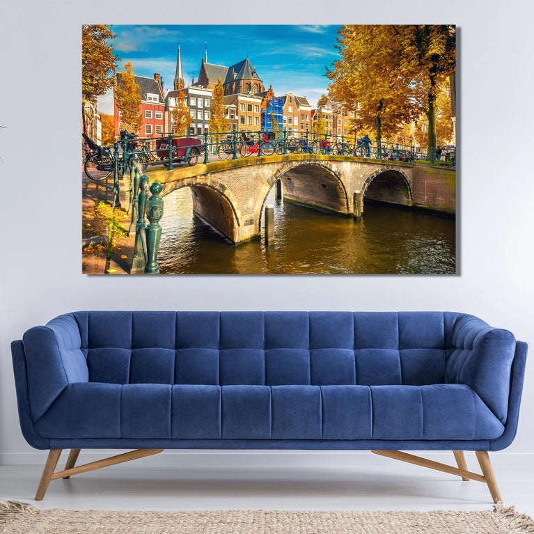 Colorful Bicycles On A Bridge In Amsterdam, Netherlands Cityscape Canvas Wall Art Poster Sticker