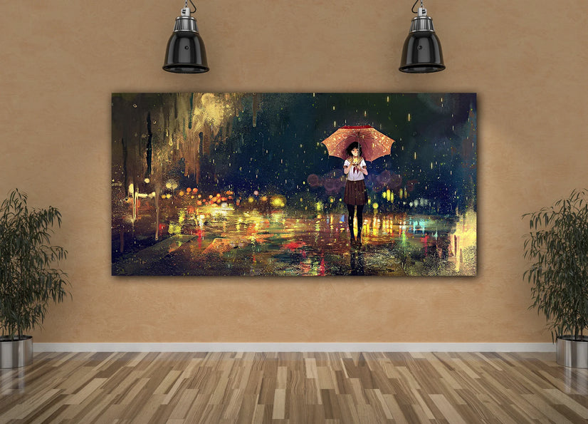 Standing In Rain With Anime Girl Canvas Wall Art, Canvas Print Poster Sticker