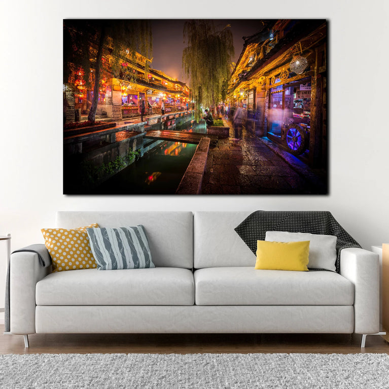 China Old Town Nightlife Lijiang, City Landcape Art Print Wall Decor Poster Sticker