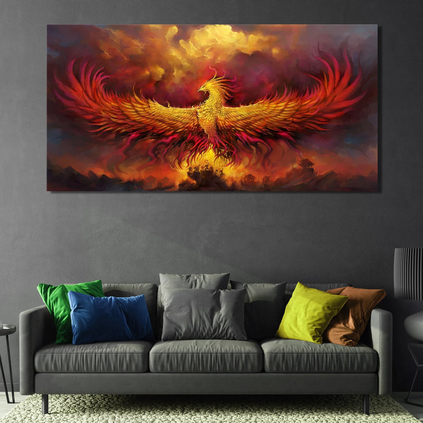 Phoenix Among Fog Clouds Canvas Wall Art Canvas Poster, Red Bird Canvas Wall Art Poster Sticker