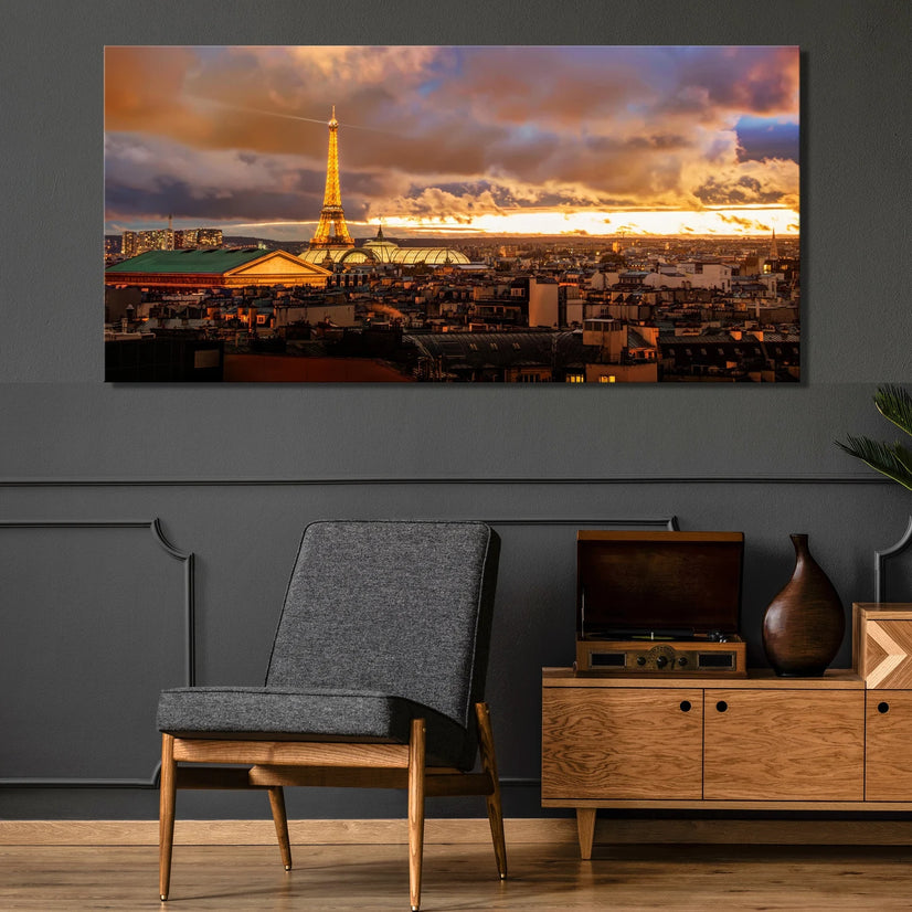 Paris City Canvas Wall Print, France Eiffel Tower Cityscape Canvas Wall Art Poster Sticker