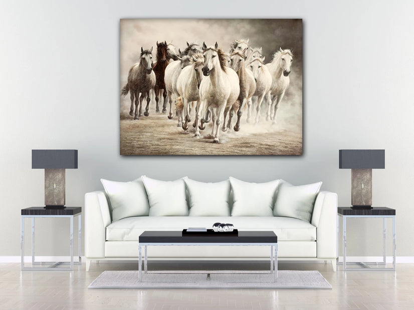 White Stallion Horses Painting Canvas Print Wall Art Poster Sticker