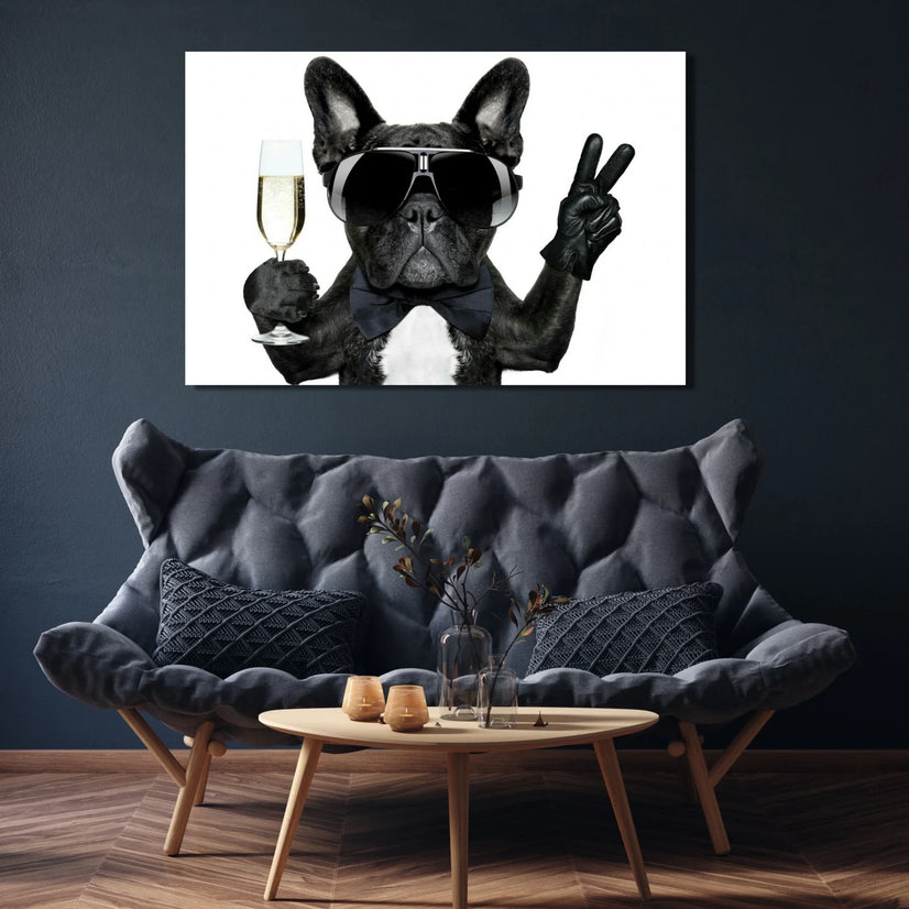 French Bulldog With Glasses Holding Champagne Canvas Wall Art, Handsome Bulldog Canvas Wall Art Poster Sticker