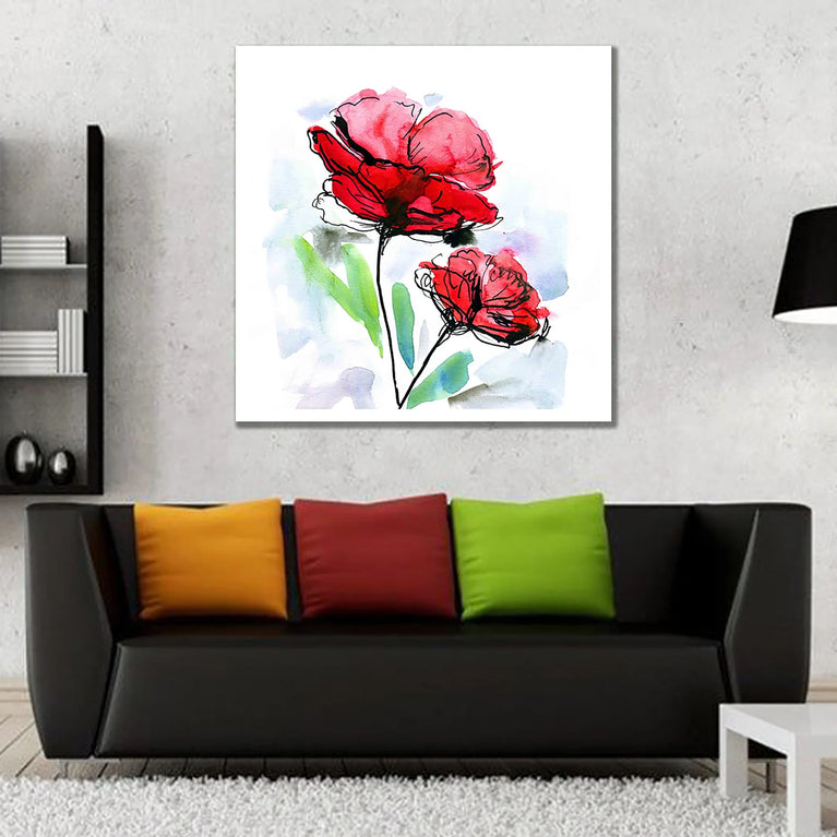 Red Flowers Canvas. Flower Canvas, Watercolor Canvas, Square Canvas Poster Sticker