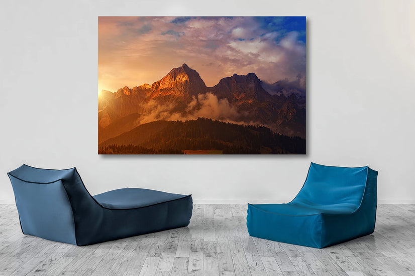 Sunset Mountain Canvas Wall Decor, Landscape Canvas Print Wall Art Poster Sticker