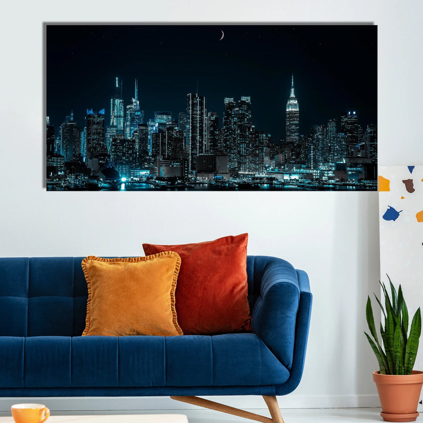 Architecture Buildings Night City Canvas Art Print, Illumınated New York City Wall Art Poster Sticker