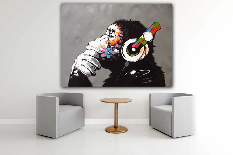 Thinking Monkey With Headphone, Banksy DJ Monkey Painting Canvas Printing Wall Art Poster Sticker