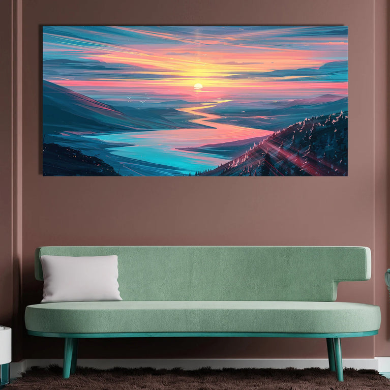 Sunset Scenery River Canvas Wall Art, Modern Landscape Canvas Print Decor Poster Sticker