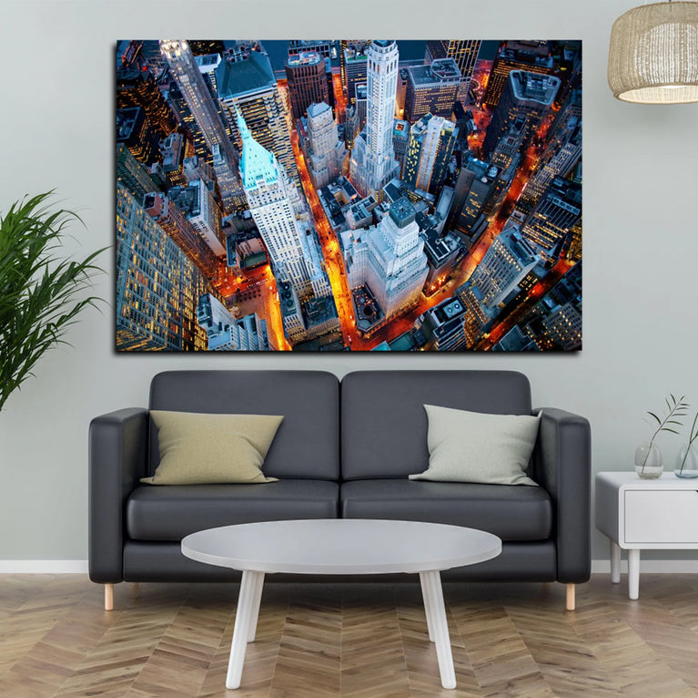 Night lights In New York Street , USA Landcape Art Print Wall Decor Poster Sticker