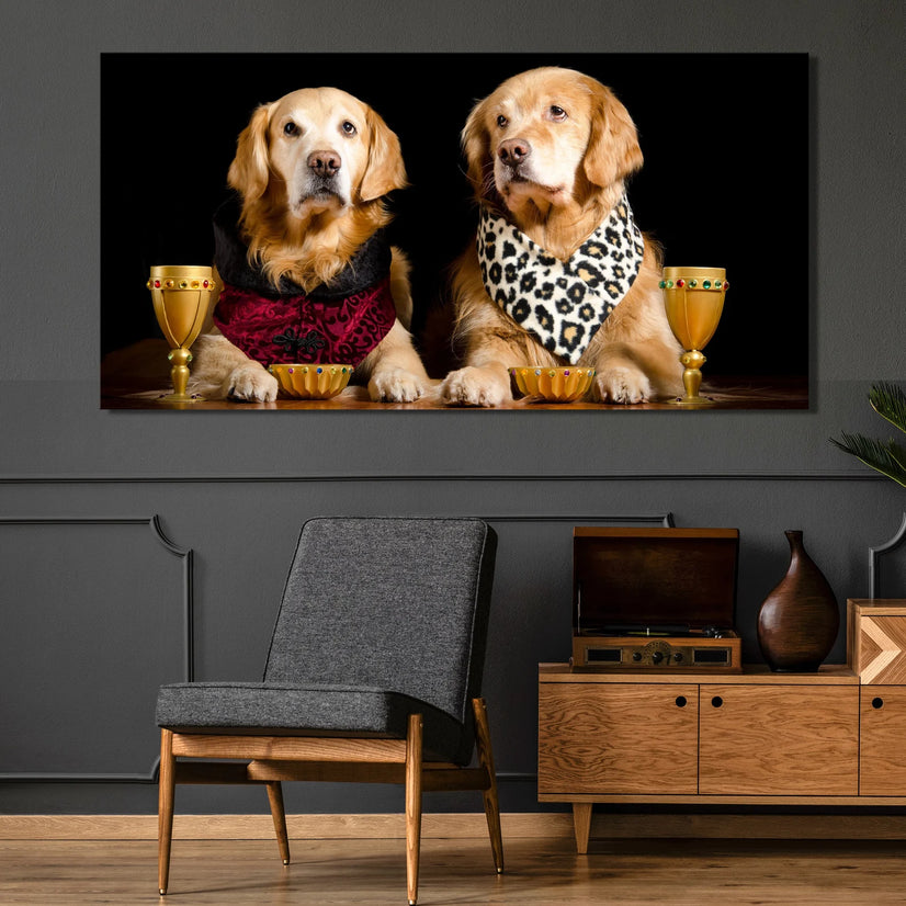 Golden Retriever Dogs Await Dinner Canvas Art Print, Golden Dogs Animal Canvas Wall Art Poster Sticker