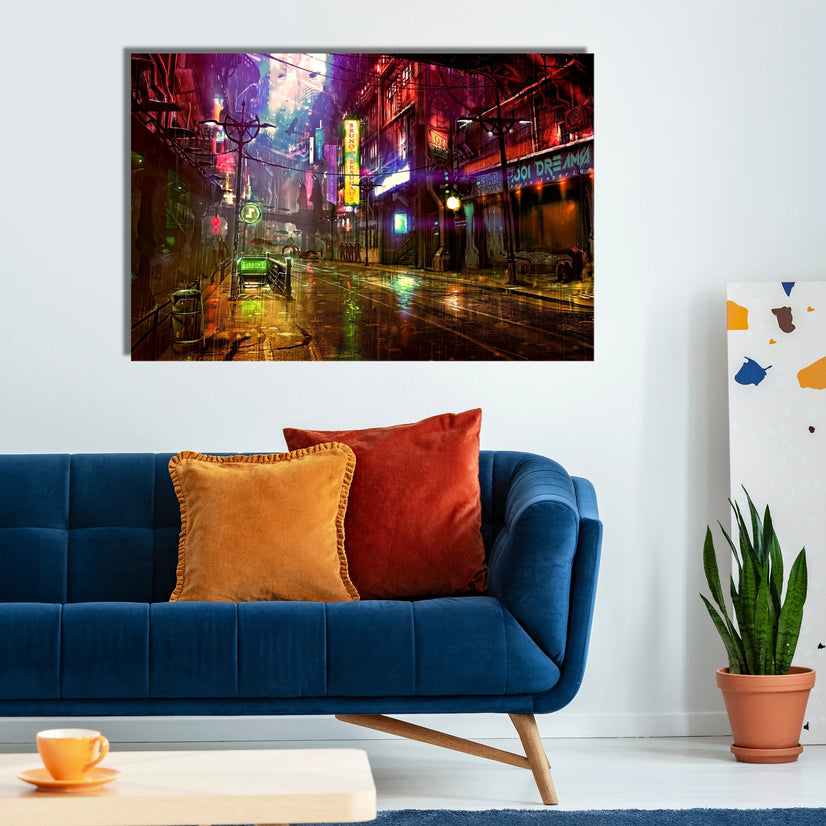 City Streets At Night Canvas Wall Art, Cyberpunk City Art Canvas Wall Art Poster Sticker