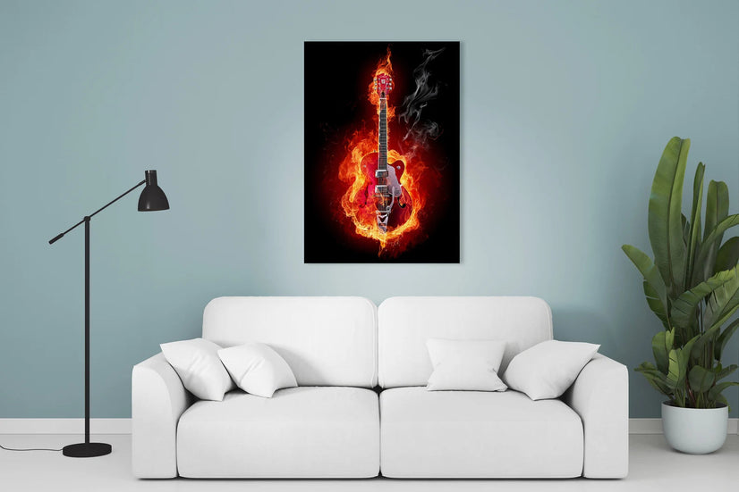 Electric Guitar, Guitar, Fire, Flame, Burning, Red, Rock Music, Smoke, Black, Musical Instrument Poster Sticker