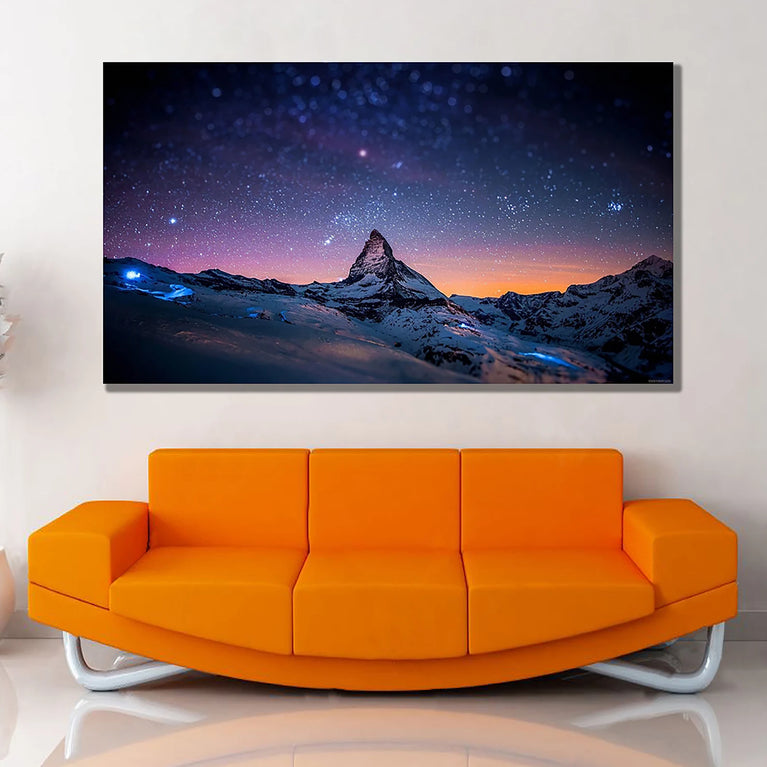 Landscapes Mountain Canvas, Snow Mountains Night Sky Stars Poster Sticker