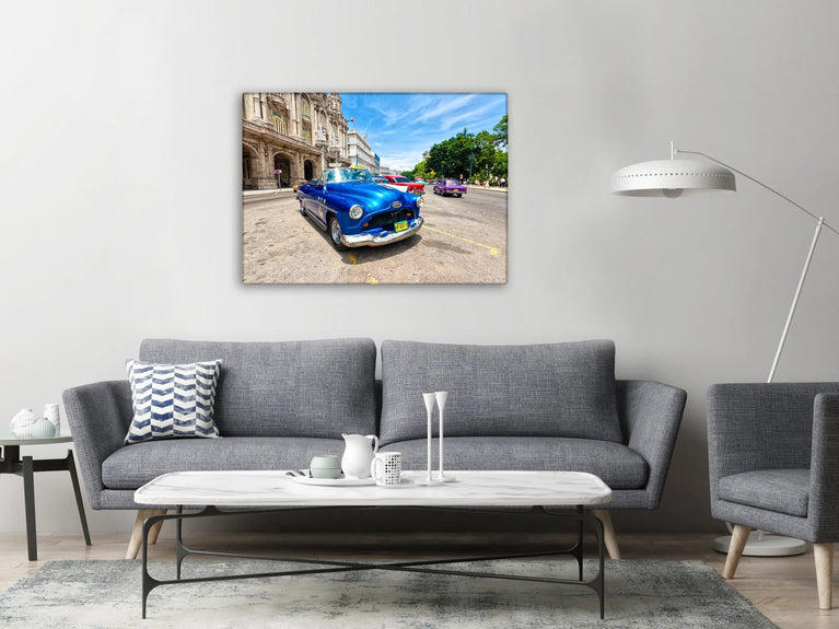 Blue Cuba Car Canvas Print, Vintage Wall Art Poster Sticker