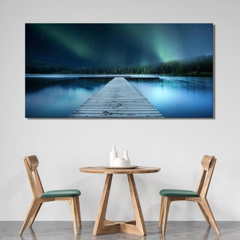 Northern Lights And A Dock Landscape Canvas Wall Decor, Northern Lights Landscape Canvas Print Wall Art Poster Sticker