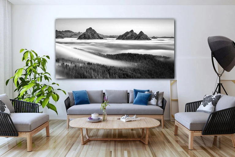 Natural Tree Landscape Canvas Print, Forest Mountain Black White Canvas Wall Art Poster Sticker