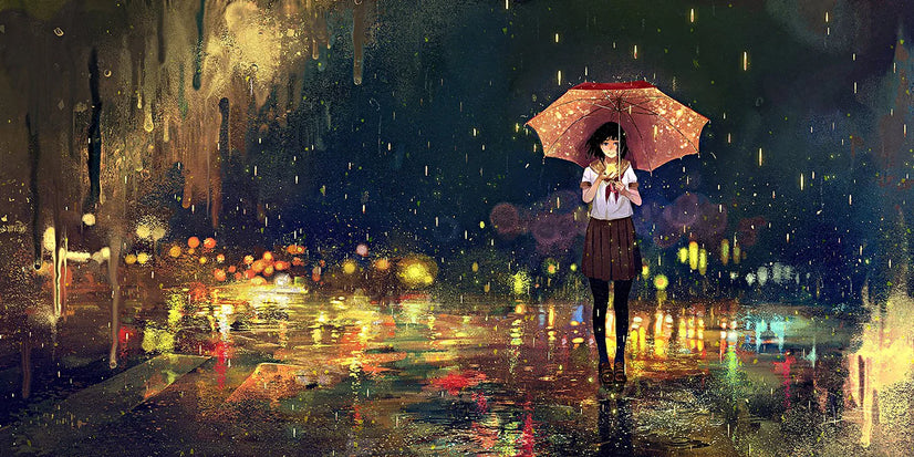 Standing In Rain With Anime Girl Canvas Wall Art, Canvas Print Poster Sticker