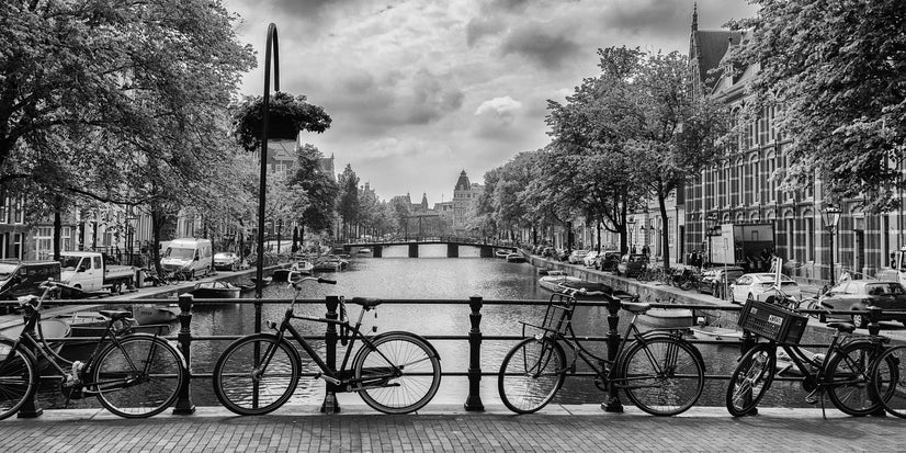 Old Bicycle On The Bridge In Amsterdam Netherlands Canvas Decor, Canvas Wall Art Poster Sticker