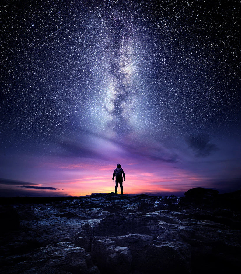 A man standing in a high place looking up in wonder to the Milky Way galaxy Canvas Wall Art Home Decor Poster Sticker