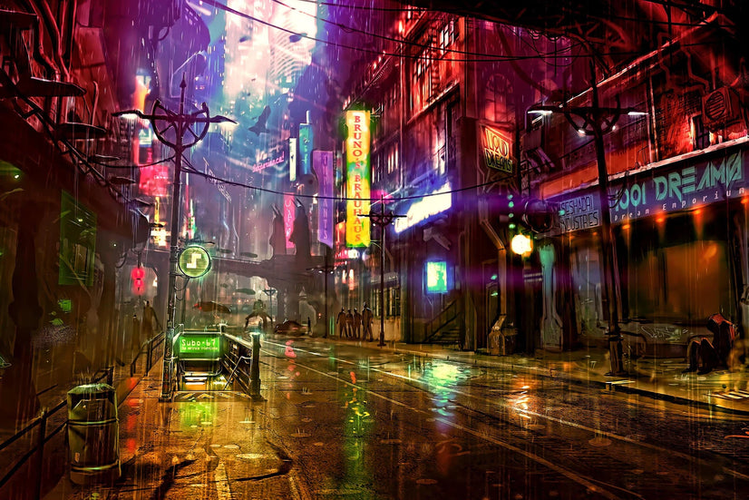 City Streets At Night Canvas Wall Art, Cyberpunk City Art Canvas Wall Art Poster Sticker